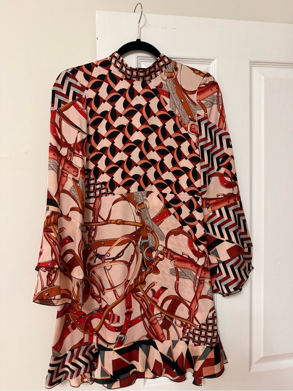 Zara Pink, Red and Tan Long-Sleeve Printed Mini Dress